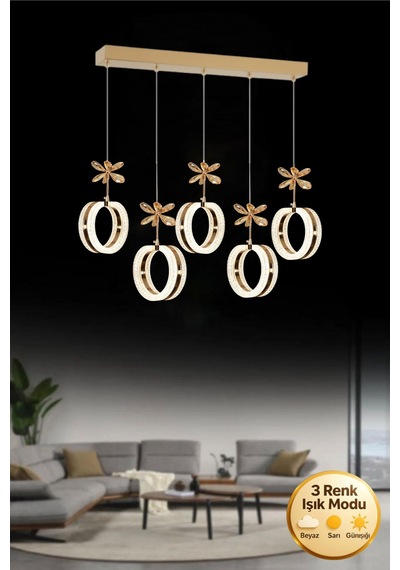 Aurea Model 5"li Gold 3 Renk Modu Yemek Masası Oturma Çocuk Yatak Odası Modern Ledli Avize Altın