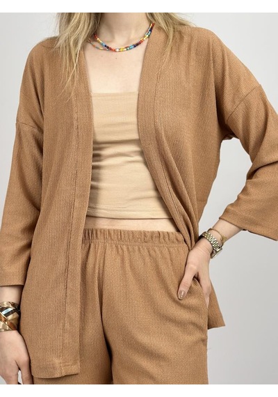 Kadın Pantolonlu Alt Üst İkili Kimono Takım Rahat Kalıp Krem