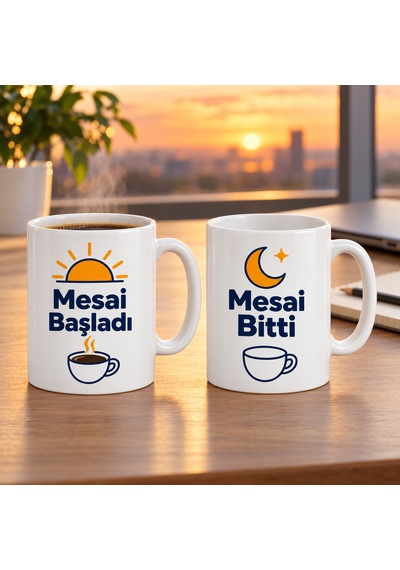 Mesai Başladı / Mesai Bitti 2'li Porselen Kupa Seti - Model 384 Çok Renkli
