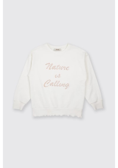 Panço Kız Çocuk Nakış Detaylı Ekru Sweatshirt Krem 2511GK08010