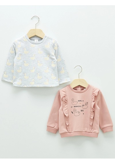 LC Waikiki Lcw Baby Pembe Bisiklet Yaka Uzun Kollu Baskılı Kız Bebek Sweatshirt 2'li Dusty Rose