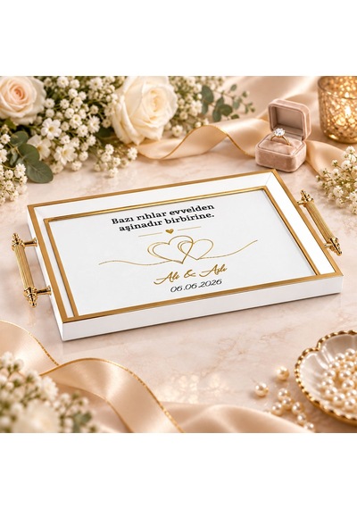 Bk Gift Kişiye Özel Beyaz&gold Söz Nişan Tepsisi-2 - 39x23 Cm Çok Renkli