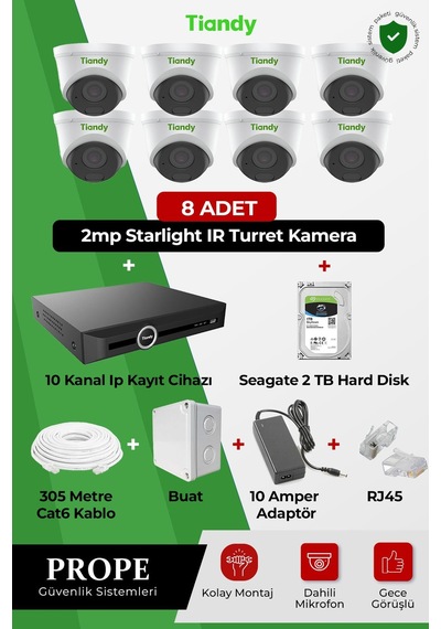 Tiandy 8 Kameralı Dome Ip Full Sistem Paketi