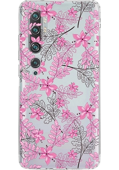 Xiaomi Mi Note 10 Pro Kamera Korumalı Kapak Floral Pembe Tasarımlı Şeffaf Kılıf