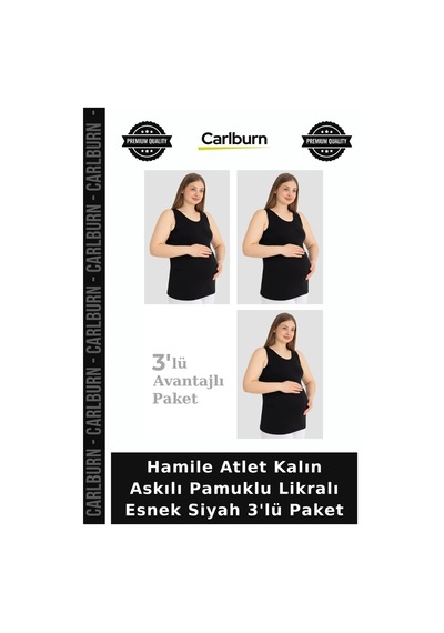Carlburn Hamile Atlet Kalın Askılı Pamuklu Likralı Esnek Siyah 3'lü Paket Giyim Kadın Giysisi Kullanışlı Ürün Siyah-3