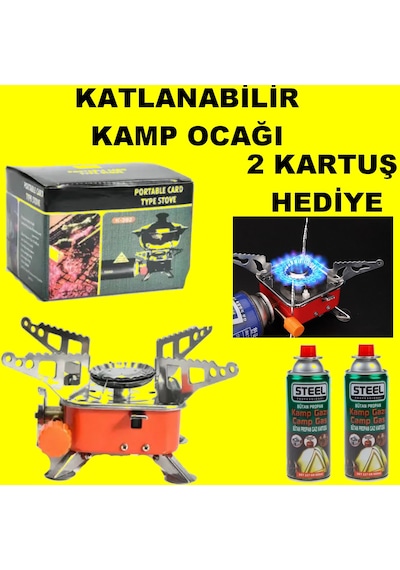 2 Kartuş Hediyeli Portatif Mini Kamp Ocağı Piknik Tüpü Mini Katlanabilir Kamp Ocağı Kendinden Çakmaklı Kırmızı