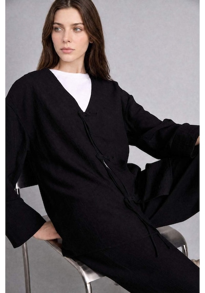Defacto Regular Fıt V Yaka Krinkıl Kumaş Siyah Kimono H1869ax26smbk81 Siyah-bk81