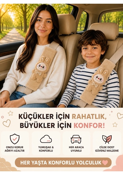 Labubu Bej Emniyet Kemeri Aksesuarı - Emniyet Kemeri Kılıfı-araç Emniyet Kemeri Omuz Koruyucu 1 Adet