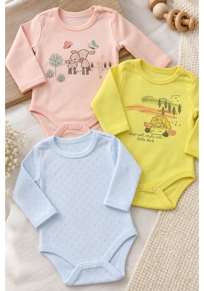 Babyhola 3'lü Bebek Badi Seti %100 Pamuk Uzun Kollu Çıtçıtlı Turuncu