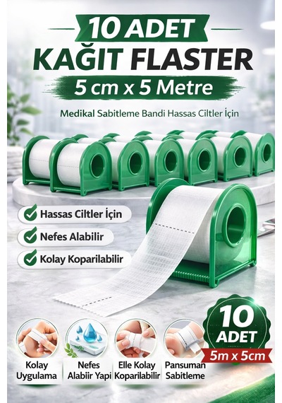 Kağıt Flaster 5 Cm X 5 M 10 Adet Medikal Sabitleme Bandı Hassas Ciltler İçin