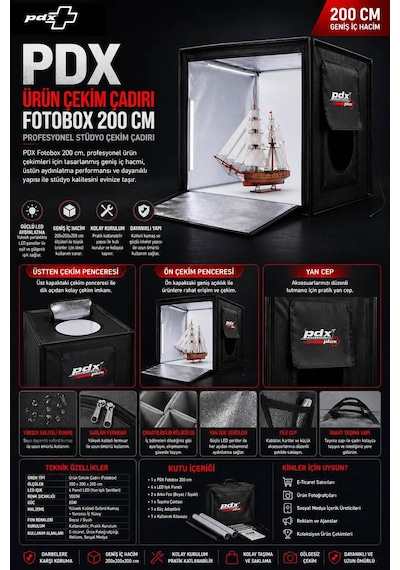Pdx Ürün Çekim Çadırı Fotobox 200 Cm Işıksız Çekim Çadırı Siyah
