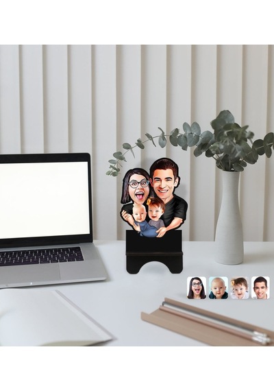 Kişiye Özel Aile Karikatürlü Ahşap Biblo Telefon Standı-4