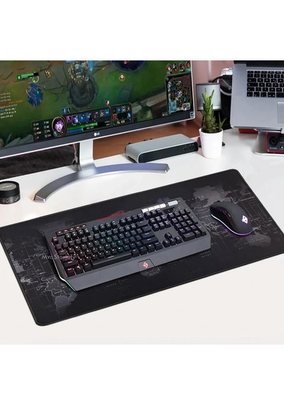 90x40 Cm Mouse Pad, Dünya Haritası Desenli Büyük Mouse Pad, Kaymaz Kauçuk Tabanlı, Dikişli Kenarlı 3 Mm Klavye V