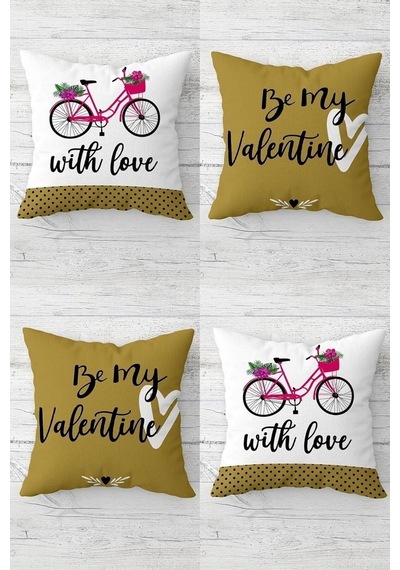 Be My Valentine Sevgili Bisiklet Gizli Fermuarlı Kırlent Kılıfı Koltuk Yastık Kılıfı Takım 4adet , Haki-beyaz 43 X 43 50 x 22