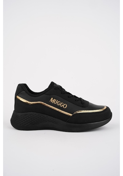Muggo Coco Garantili Kadın Ortopedik Günlük Bağcıklı Şık Rahat Sneaker Spor Ayakkabı Siyah - Altın