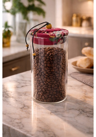Makri Home 650 Ml Borosilikat Cam Hava Geçirmez Kırmızı Kumaş Kaplama Bambu Kapaklı Kavanoz,çap: 8 Cm, H: 18 Cm Kırmızı