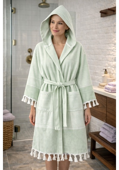 %100 Pamuk Dokuma Kapüşonlu Cepli Unisex Peştemal Pike Bornoz Ultra Yumuşak M/l/xl Beden Yeşil