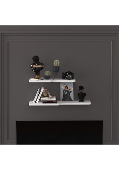 Asra Trend Kıvrımlı Duvar Rafı DRF-03 %100 MDF 2'li Dekoratif Organizer Kitaplık Beyaz