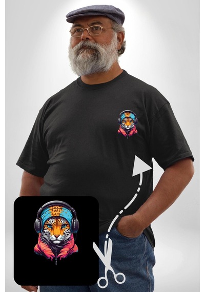 Angemiel Kulaklık Kedi Leopar Bandana Siyah Büyük Beden Kadın Basic Minimal Baskılı Tişört Siyah