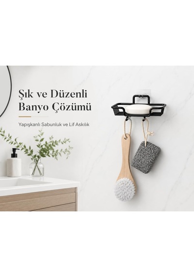 Alper Banyo Yapışkanlı Siyah Sabunluk Ve Lif Askılık, Delmeden Montajlı Banyo Sabun Rafı, Çift Askılı Mat Siya Diğer
