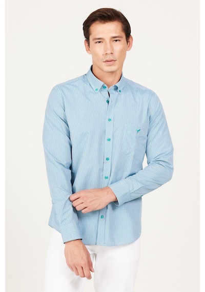 AC&Co / Altınyıldız Classics Erkek Lacı-yesıl Slim Fit Dar Kesim Düğmeli Yaka Logolu Cepli Pamuklu Çizgili Gömlek Lacivert - Yeşil