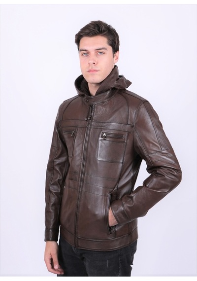 New Zaya Leather Erkek Kahverengi Kapüşonlu Deri Mont Kahverengi
