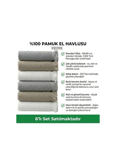 Anilsan 6'li Jelena El Havlusu Seti 50x90 Cm - Yuzde 100 Pamuk Puskullu Havlu, Yumusak Ve Emici, Otel Spa Banyo Mutfak Icin, Oeko-tex Sertifikali, Turkiye Uretimi Açik Gri