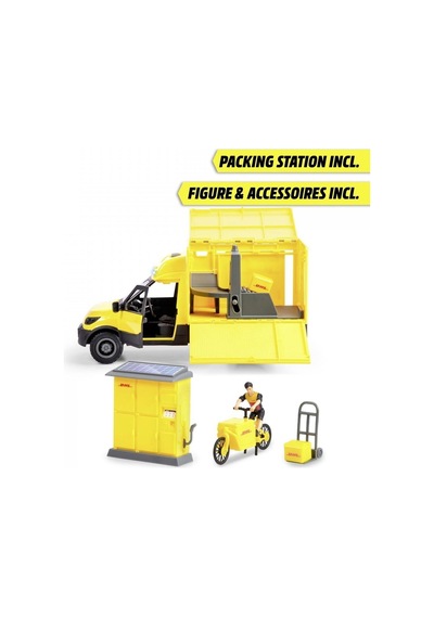 203747020 Dickie Dhl Delivery Set Freewheel Delivery Vehicle Packaging Statio