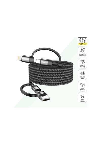 Hızlı Şarj Kablosu 4 İn 1 Usb-a/c To Type-c/lightning, 60w, 1.2m, Manyetik Siyah-v0201007