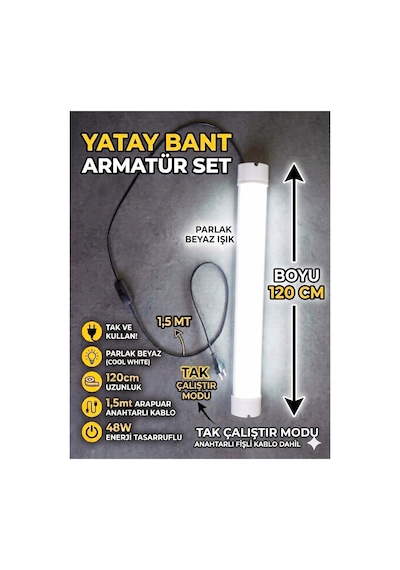 120 Cm 48w Mutfak Tezgah Aydınlatması ,beyaz Anahtarlı Kablolu Set,led İnce Bant Armatür Led Tak Çalıştır Diğer