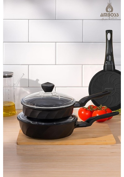 Vento 6 Parça Döküm Cam Kapaklı Tava 18-22-26 Cm siyah