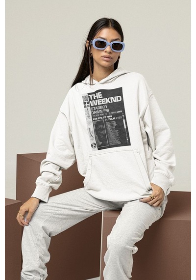 Sevbano The Weeknd Rapper Starboy Dawn Fm Baskılı Unisex Oversize Hoodie Beyaz