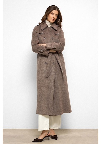 Olcay Pelerin Detaylı Kruvaze Uzun Boy Kaban Latte 3087 Krem