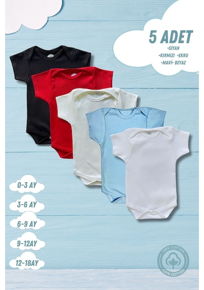 Betül Bebek Kısa Kollu 5'li Organik Pamuk Çıtçıtlı Bebek Body&zıbın Siyah,kırmızı,ekru,mavi,beyaz Çok Renkli