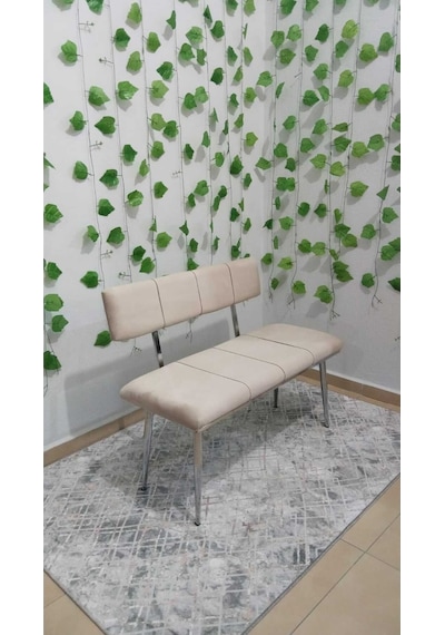 Özcan Metal Metal Ayaklı Sırtlı Krom Mutfak Salon Antre Yatak Odası Puf Bank Oturak Bej