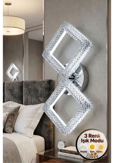 Yakamoz Model 2"li Gümüş 3 Renk Modu Kristal Salon Mutfak Yatak Çocuk Odası Aplik