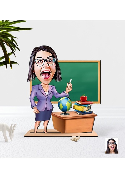 Kişiye Özel Bayan Öğretmen Karikatürlü Ahşap 3D Biblo-1