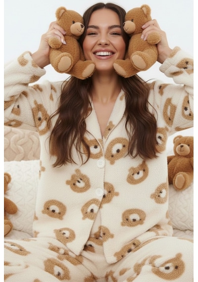 Siyah İnci Düğmeli Wellsoft Pijama Takım 7922 Ekru