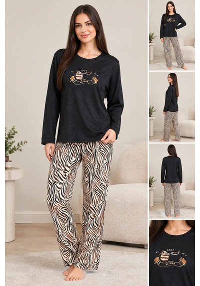 Kadın Kadife Siyah Desenli Alt Üst Pijama Takımı Siyah Kahve