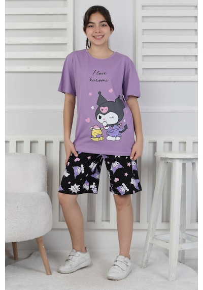 I Love Kuromi Baskılı Kısa Kollu Şort Pijama Takımı Beyaz
