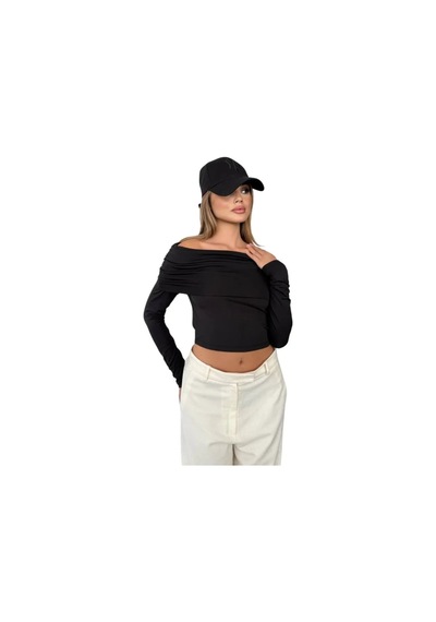Kechi Woman Dalgıç Kumaş Madonna Yaka Beyaz Crop Siyah