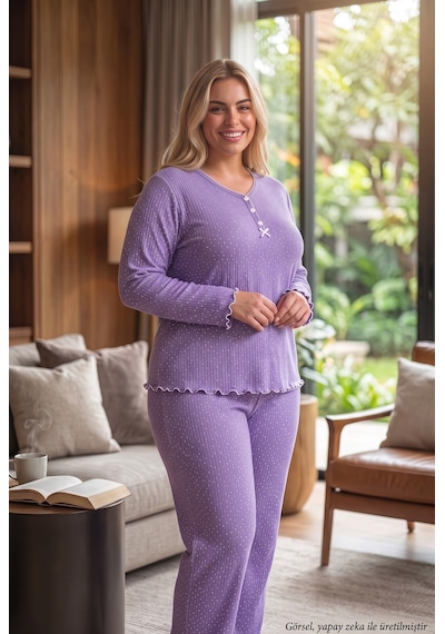 Seboteks Raporlu İnterlok Kumaş Yakası Düğmeli Kışlık Büyük Beden Kadın Pijama Takımı 2950 Mor