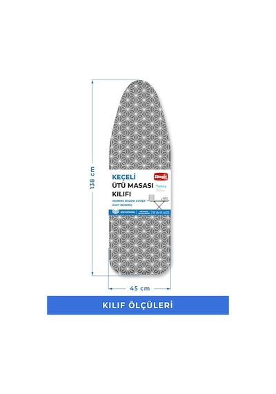 Ütü Masası Kılıfı Örtüsü Bezi Geometrik Desen Süngerli & Keçeli Yanmaz Ayarlanabilir 48x138 Cm
