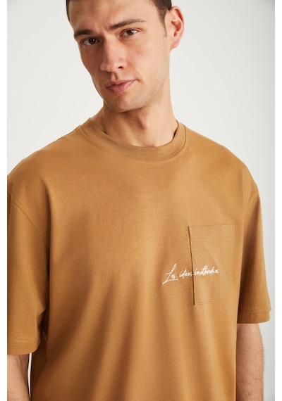 Grimelange Kravın Erkek %100 Pamuk Bisiklet Yaka Baskılı Kahverengi T-shirt
