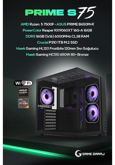 Game Garaj Prime S75 R5-7500F 16 GB 1 TB SSD RX9060XT Dos Masaüstü Oyuncu Oem Paket Bilgisayarı