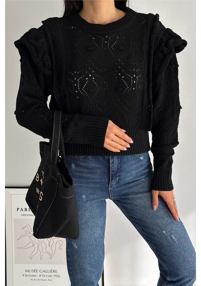 Femelle Kadın Siyah Fırfırlı Kısa Triko Kazak