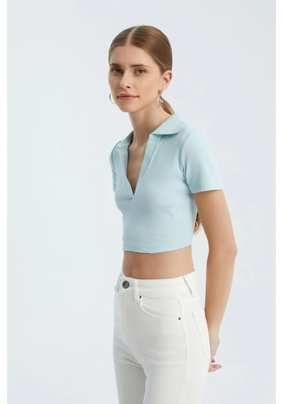 Hiccup V Yakalı Polo Crop Top Mavi
