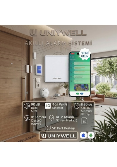 Uniywell 4g + Wi-fi + Ethernet Akıllı Alarm Sistemi - 90 Db Dahili Sirenli, Ip Kamera Onvıf Ve 8 Bölge Kablolu Aksesuar Destekli Güvenlik Seti 1 Yıl Alarm Çağrı Merkezi Hizmeti + Akü