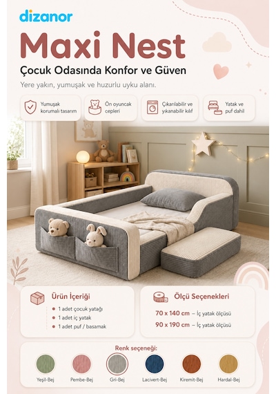Dizanor Maxi Nest Montessori Çocuk Karyola Yatak Seti Gri Fitilli 140 X 200 Dizanor Maxi Nest Montessori Çocuk Karyola Yatak Seti Gri Fitilli 140 X 200