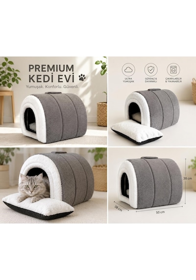 İçi Çıkarılabilir Yastıklı Kedi Ve Küçük Köpek Yuvası Gri-21138